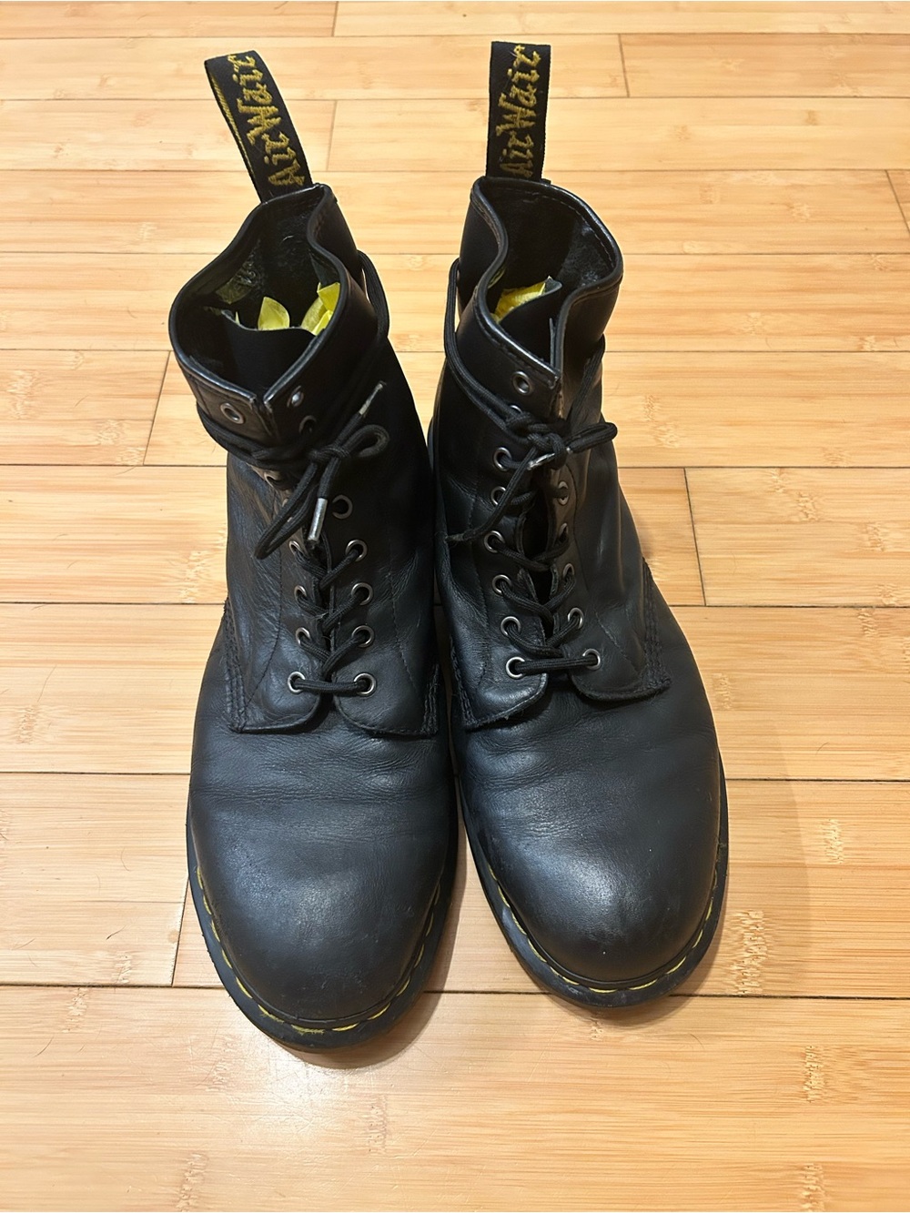 Dr. Martens Black Leather 8-Eye Lace-Up Boots with Yellow Stitching